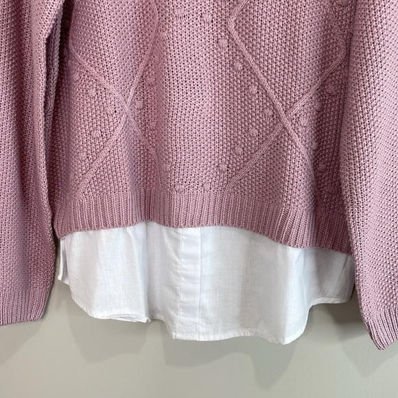 Suzy Shier Crew Neck Fooler Sweater Layered Look Pink White Cable Popcorn Knit L - Picture 4 of 11